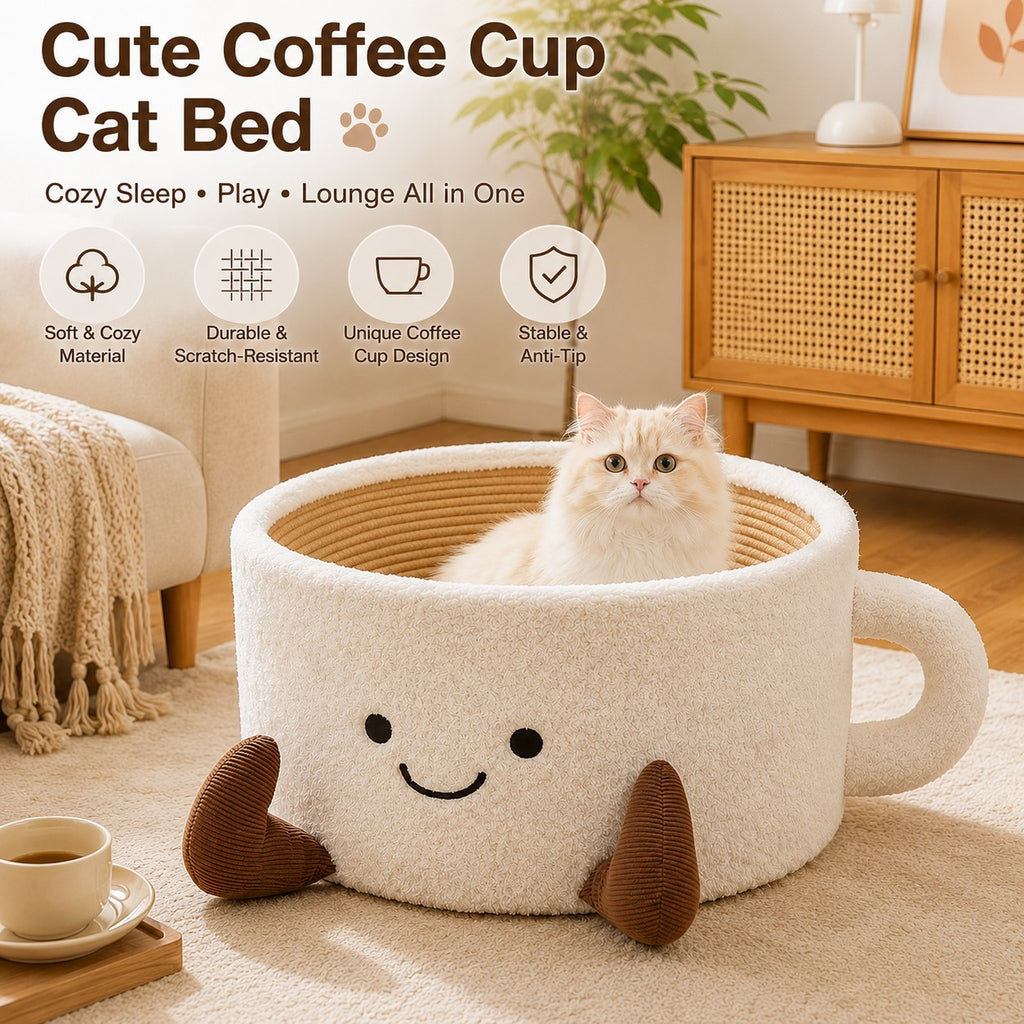 Cute Coffee Cup Cat Bed - soft material, scratch resistant, anti-tip base
