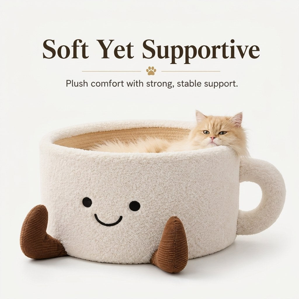 Ginger cat sitting inside the plush coffee cup cat bed