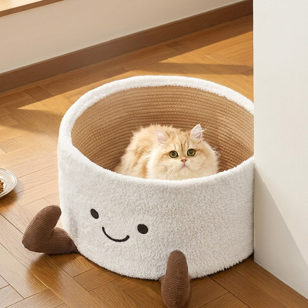 Fluffy cat resting inside the coffee cup bed on a wooden floor