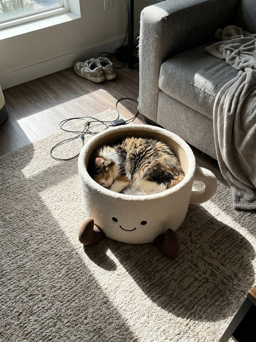 Cat curled up asleep inside the Purrfect Cup Bed in a sunlit living room
