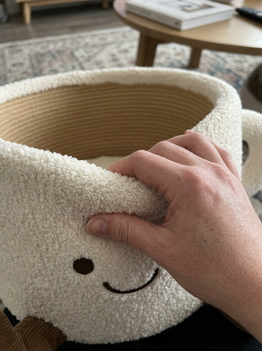 Hand pressing the boucle fabric to show the padding