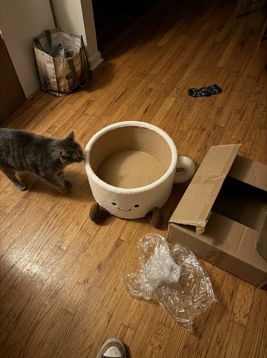 Cat inspecting the Purrfect Cup Bed straight out of the box