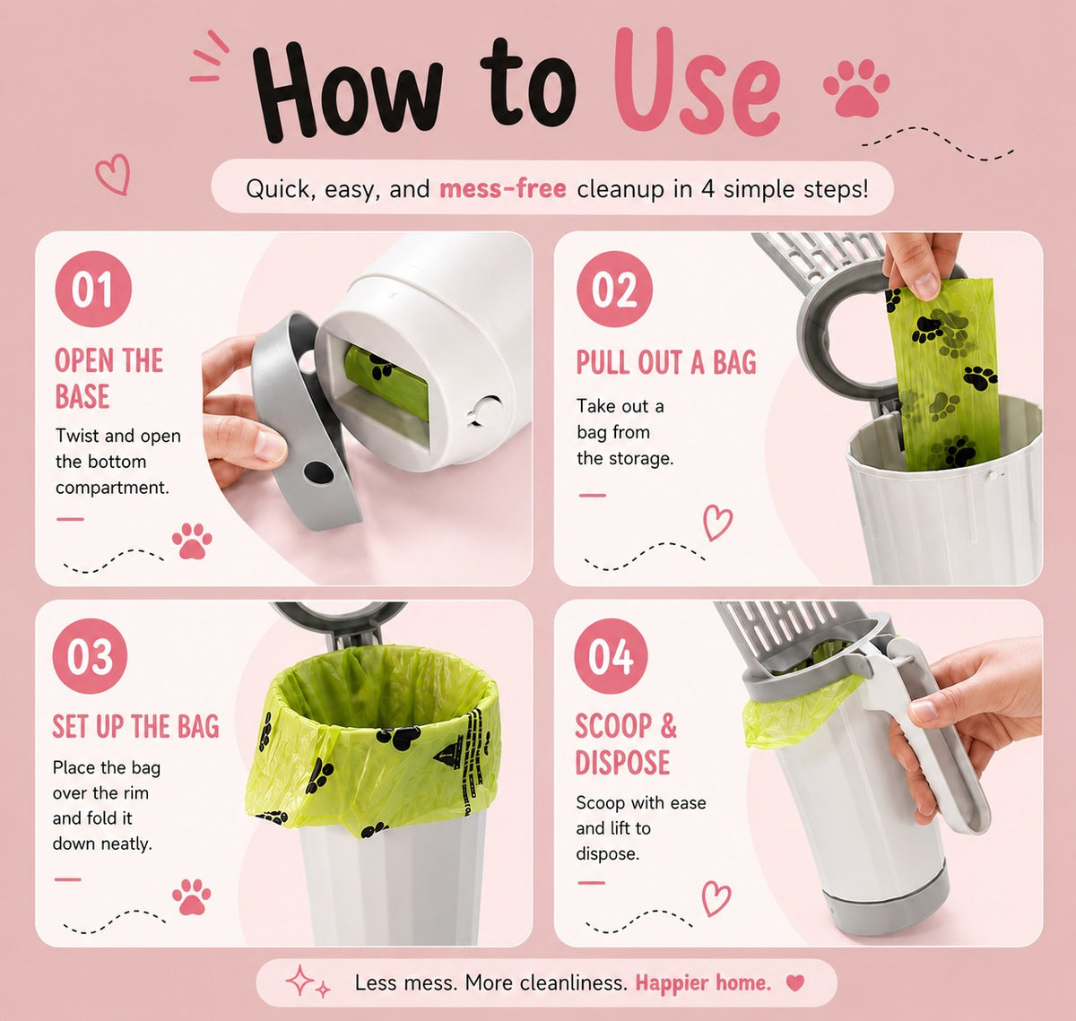 How to use in four steps: open the base, pull out a bag, set up the bag, scoop and dispose