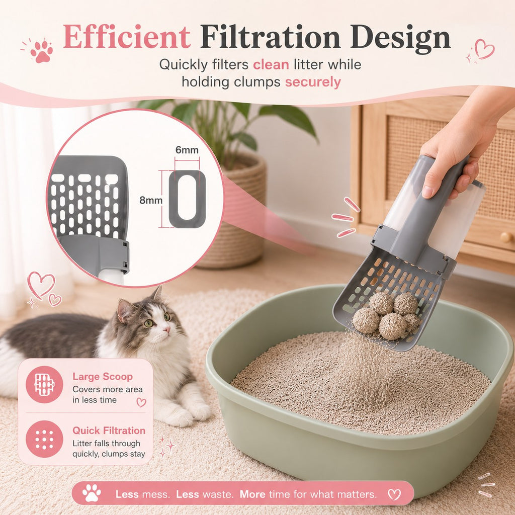 Slotted head filters clean litter back into the tray while holding the clumps